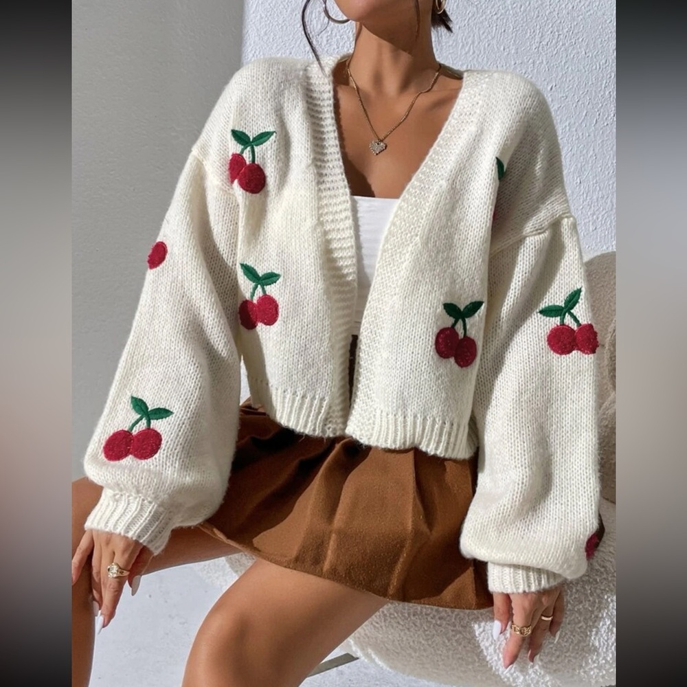 #101 Cherry 🍒 Embroidery Cardigan with Lantern Sleeves